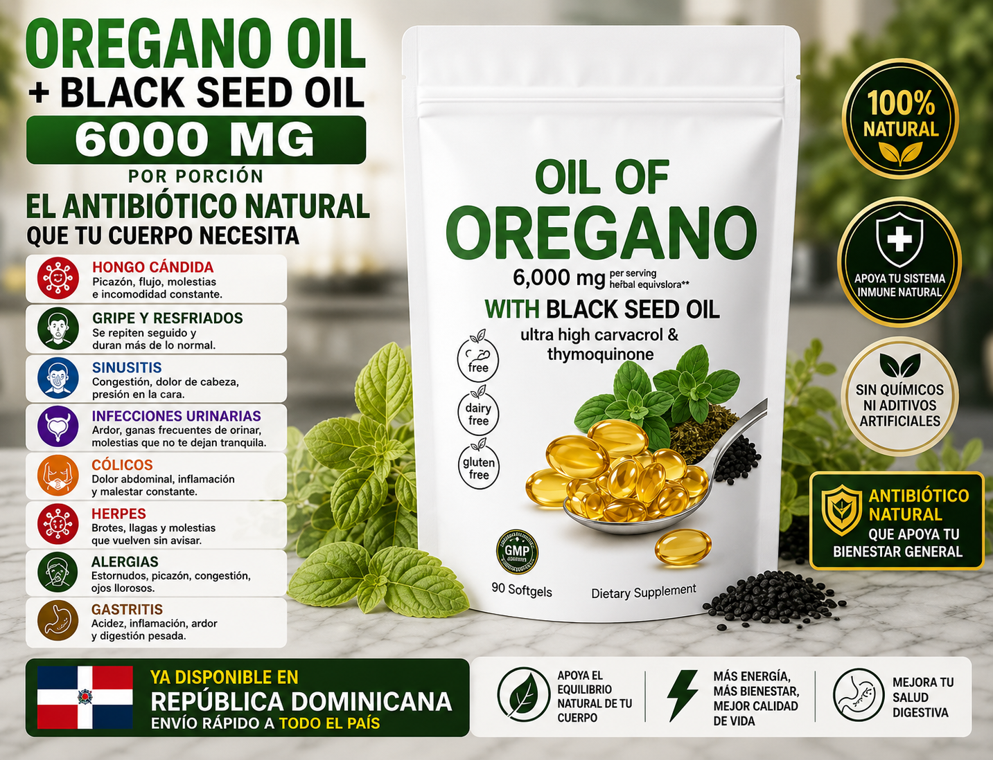 🌿 OREGANO OIL + BLACK SEED OIL 6000 MG 🌿 🔥 COMBATE HERPES, CÁNDIDA Y VIRUS DE FORMA NATURAL 💊