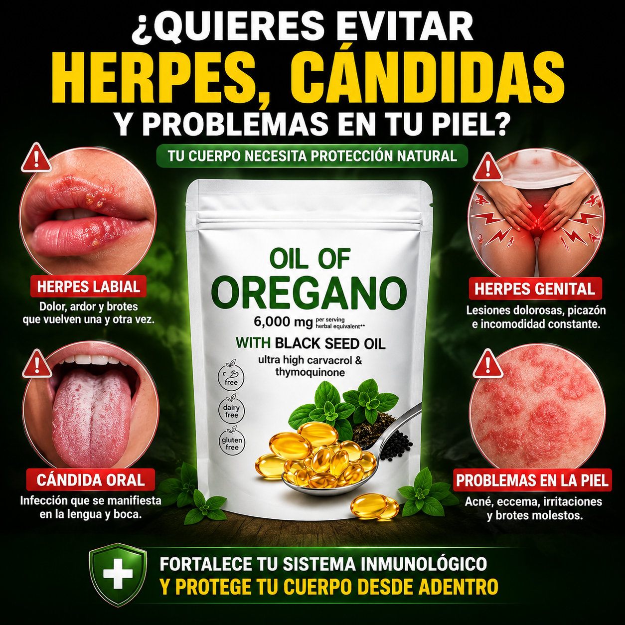 🌿 OREGANO OIL + BLACK SEED OIL 6000 MG 🌿 🔥 COMBATE HERPES, CÁNDIDA Y VIRUS DE FORMA NATURAL 💊